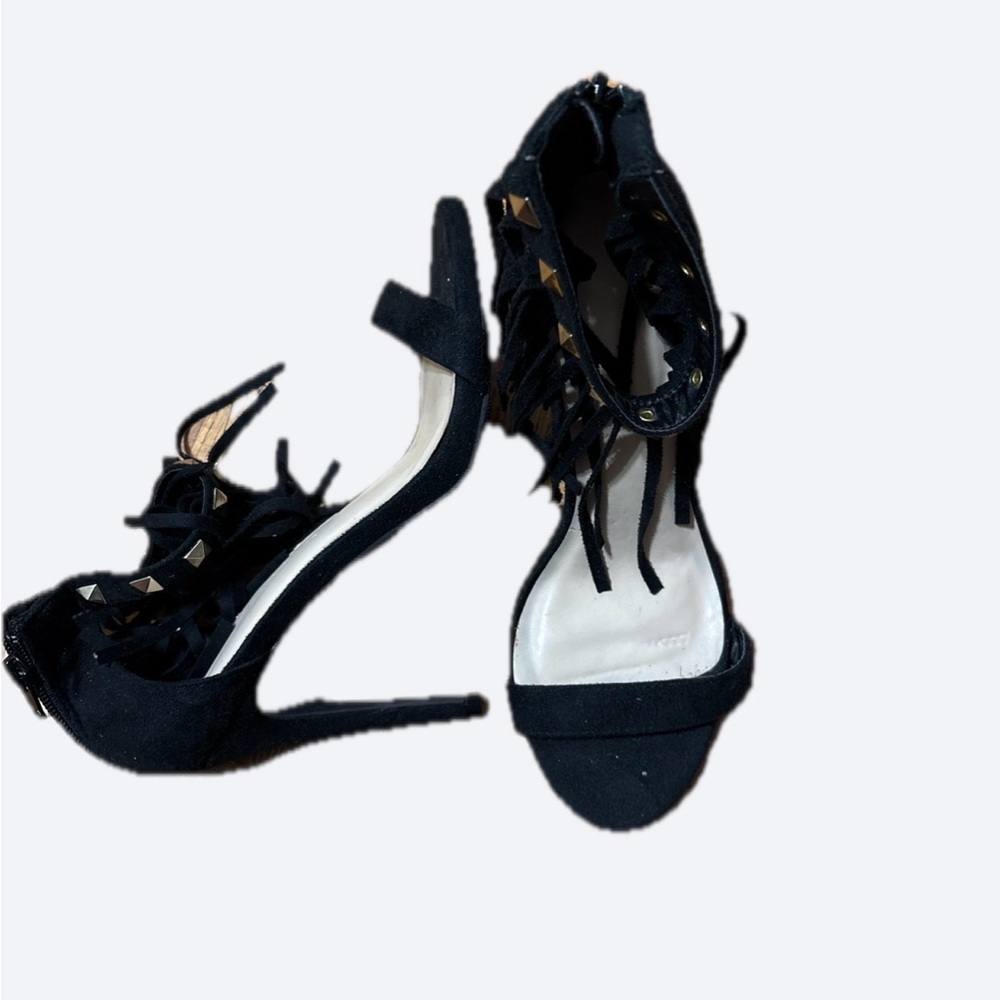 Wild Diva Black Fringe Studded Stiletto Sandals